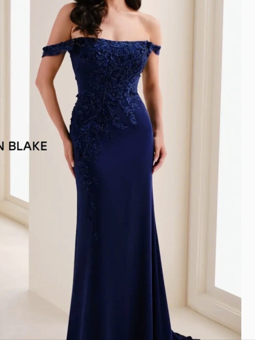 One-Shoulder Embellished navy Evening Gown